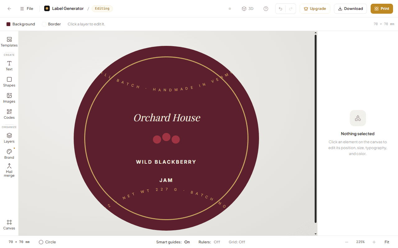 The label editor with a circular jam label being designed