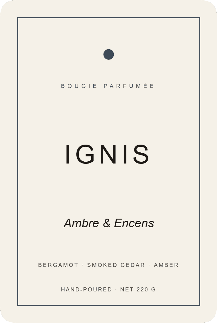 Ignis perfumed candle label, smoke-blue specimen card on warm ivory