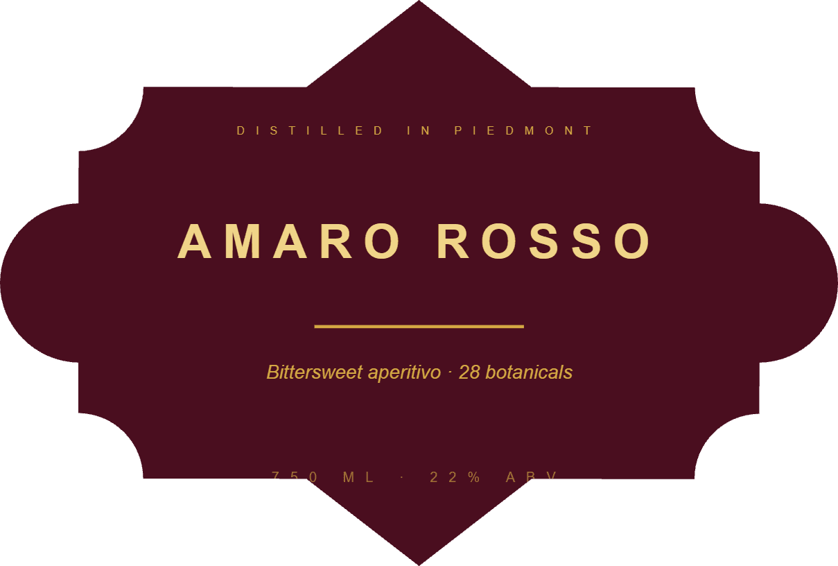Amaro Rosso aperitivo label, oxblood and gold vintage die-cut
