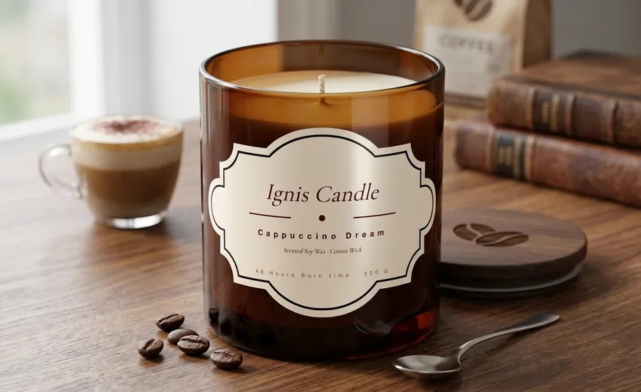 An amber glass candle with a printed cream label reading Ignis Candle, Cappuccino Dream.