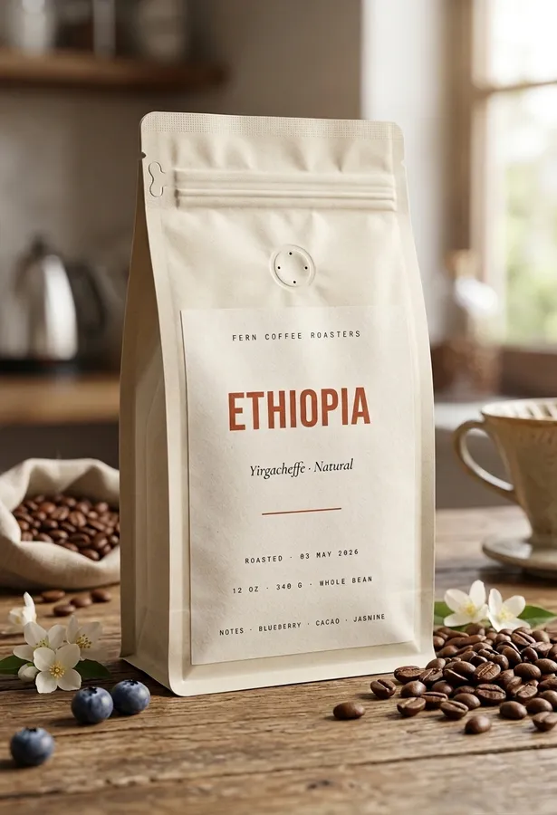 A coffee bag with a printed label reading Ethiopia, Yirgacheffe Natural, beside scattered beans.