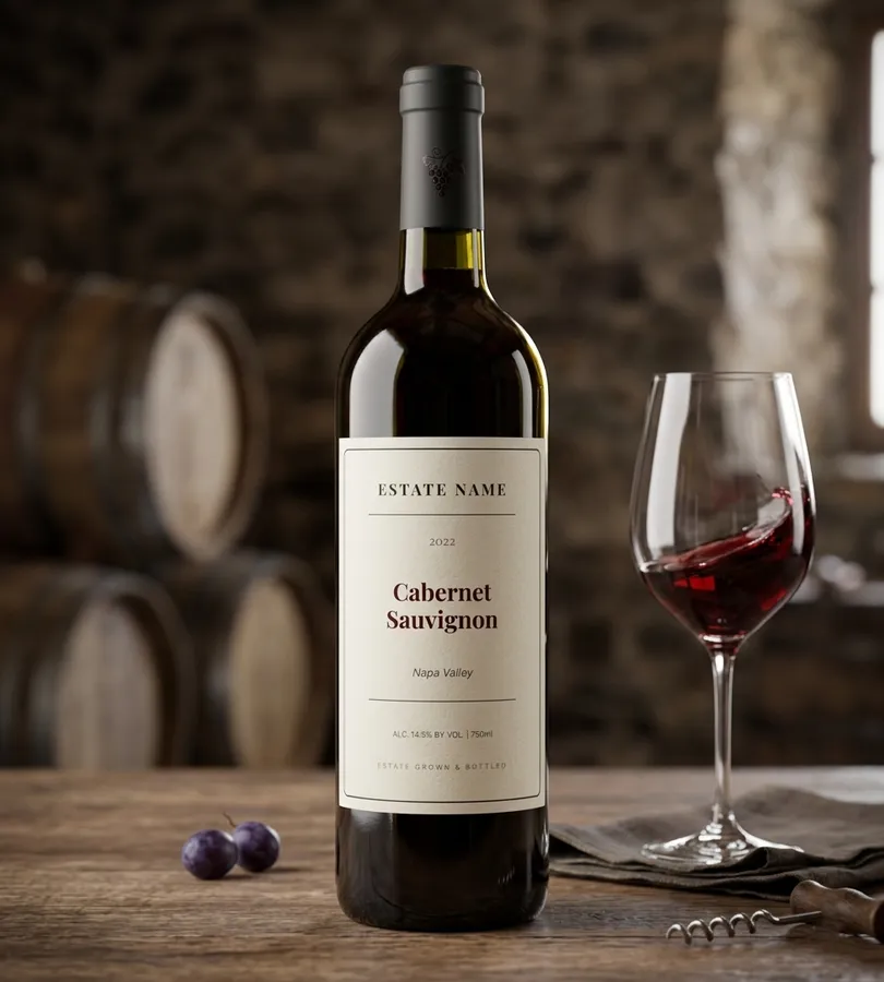 A red wine bottle with a printed Cabernet Sauvignon estate label in a cellar, next to a poured glass.