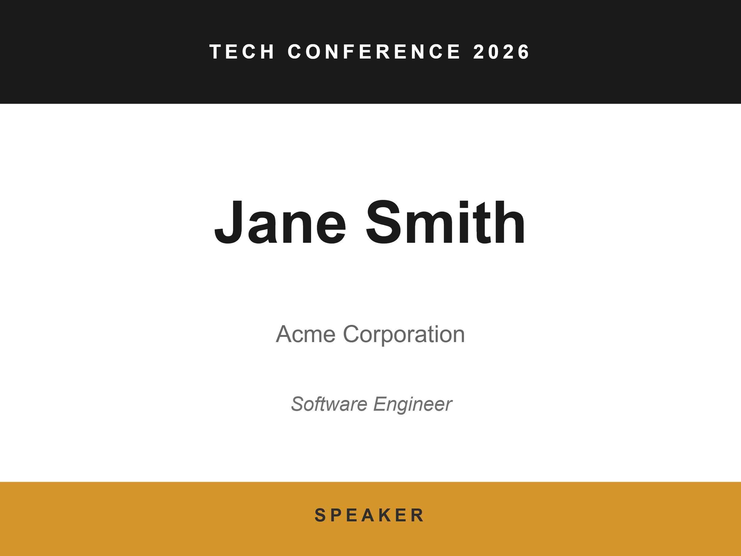 Conference Badge label template, Events, 100 × 75 mm